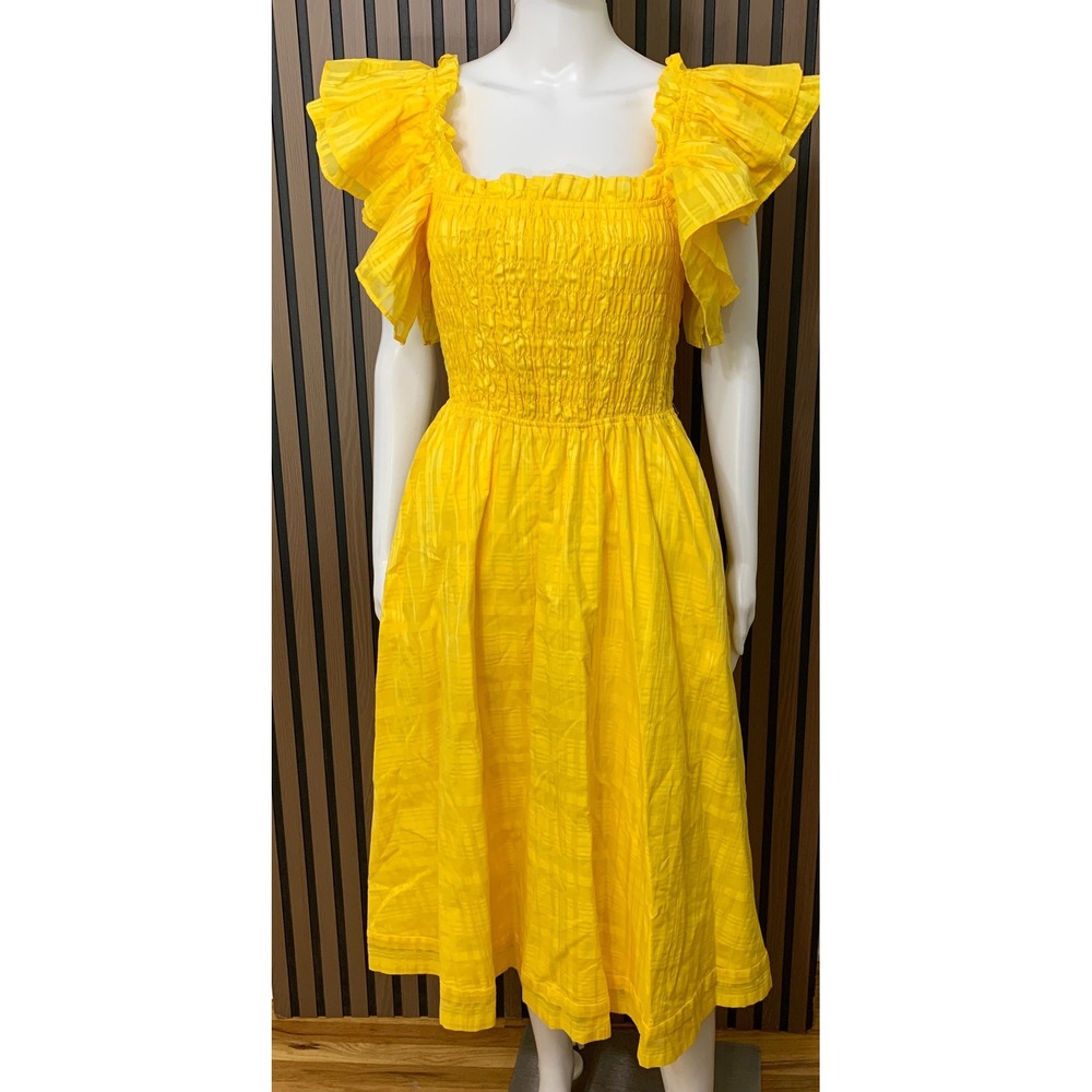 Banana Republic Yellow Smocked Ruffle Sleeve Cotton Midi Dress Small